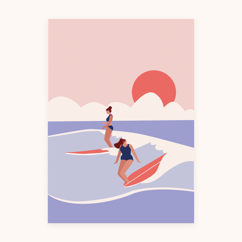 Lines & Lemons Surfing Sisters A3 Poster