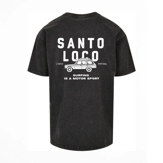 SantoLoco Lisboa Surfing ist ein schwarz gewaschenes Motorsport-T-Shirt
