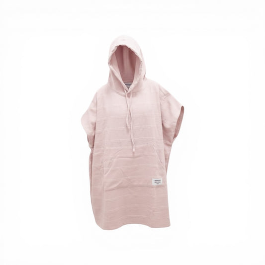 SantoLoco pink cotton striped poncho with hood and front pocket. Perfect for beach or home.