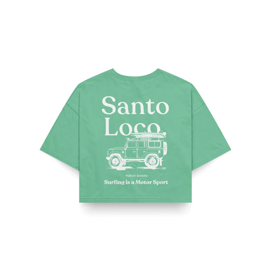 SantoLoco Munich Surfing ist ein grünes, kurzes T-Shirt für den Motorsport