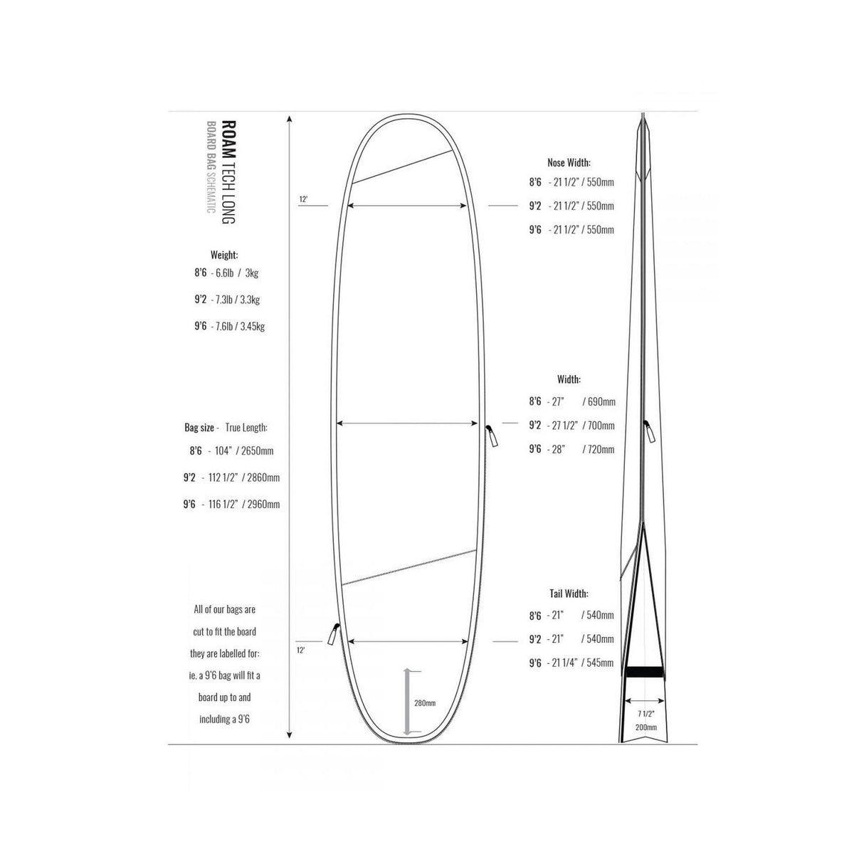 ROAM Boardbag Surfboard Tech Bag Longboard Black