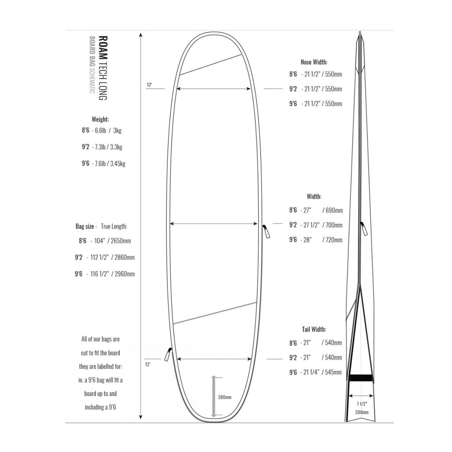 ROAM Boardbag Surfboard Tech Bag Longboard 8.6