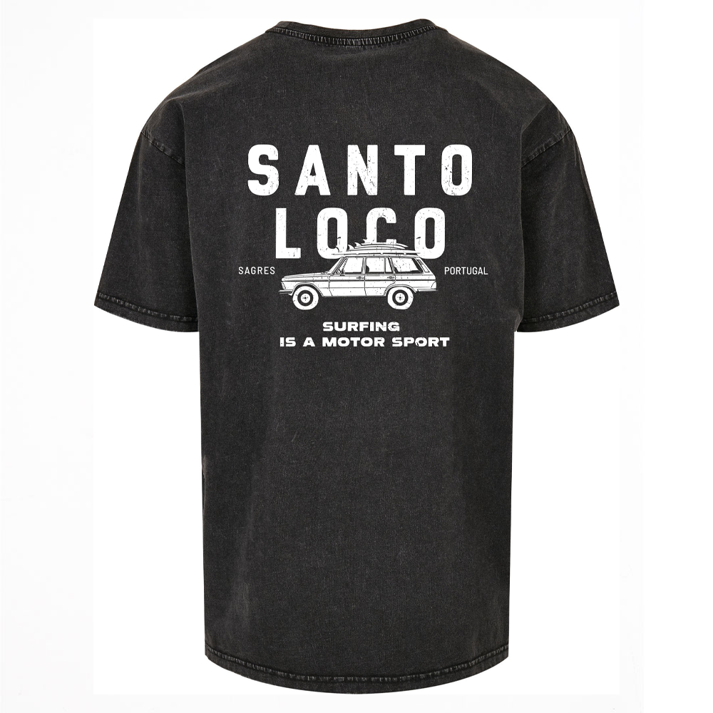 SantoLoco Sagres Surfing is a MotorSport Black Washed T-Shirt