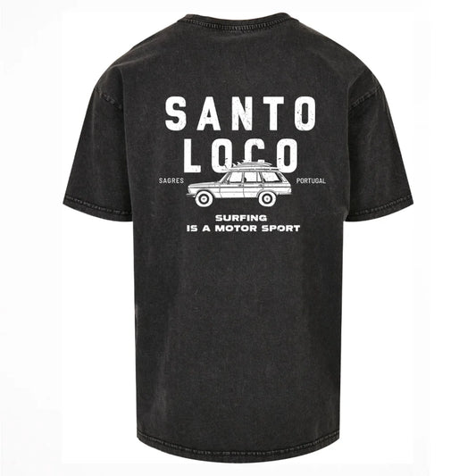 SantoLoco Sagres Surfing is a MotorSport Black Washed T-Shirt