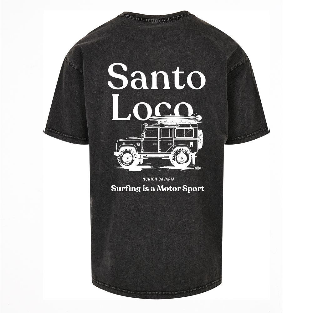 SantoLoco Munich Surfing is a MotorSport Black Washed T-Shirt