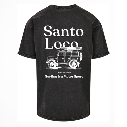 SantoLoco Munich Surfing is a MotorSport Black Washed T-Shirt