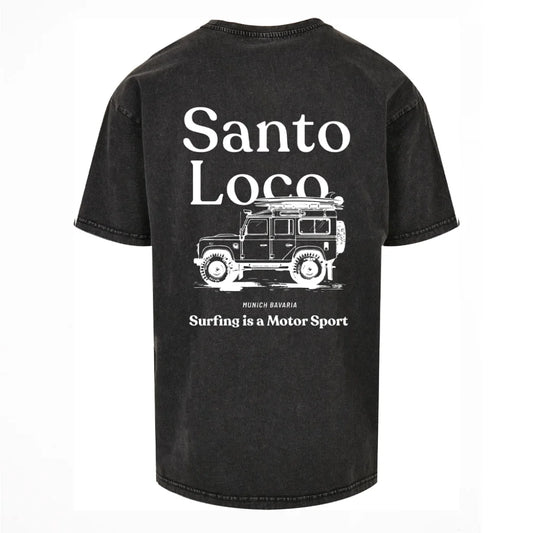 SantoLoco Munich Surfing is a MotorSport Black Washed T-Shirt