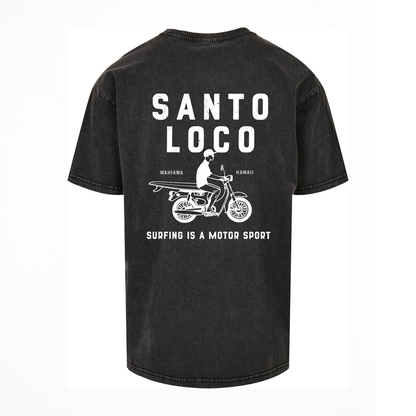 SantoLoco Hawaii Surfing is a MotorSport Black Washed T-Shirt