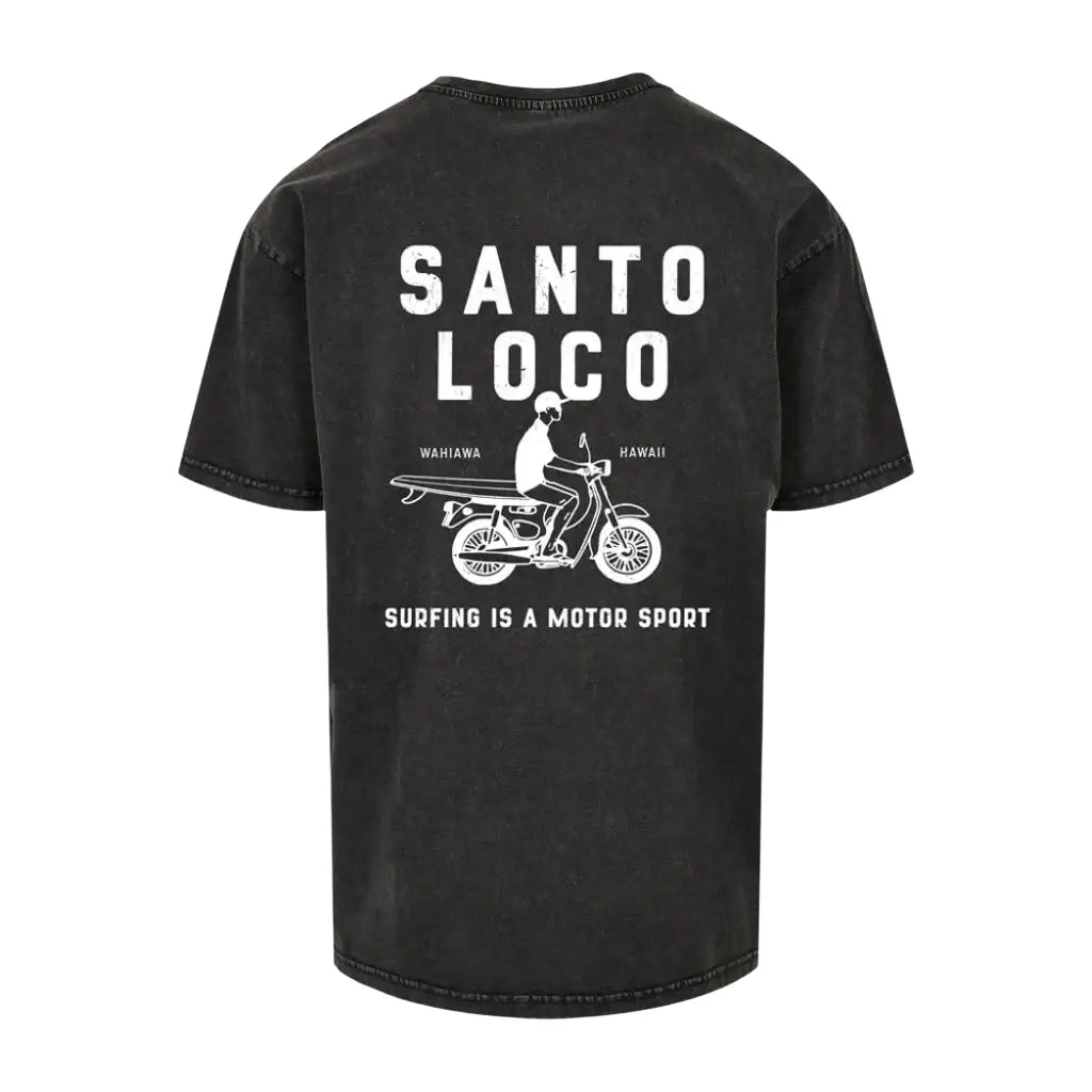 SantoLoco Hawaii Surfing is a MotorSport Black Washed T-Shirt