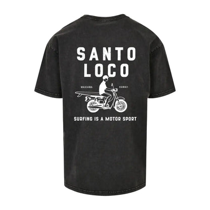 SantoLoco Hawaii Surfing is a MotorSport Black Washed T-Shirt