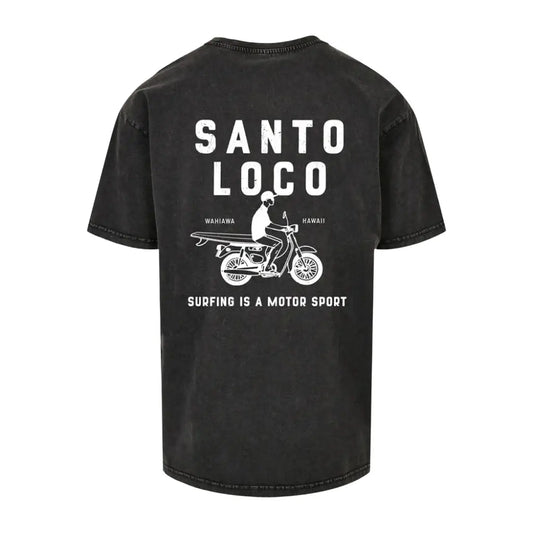 SantoLoco Hawaii Surfing is a MotorSport Black Washed T-Shirt