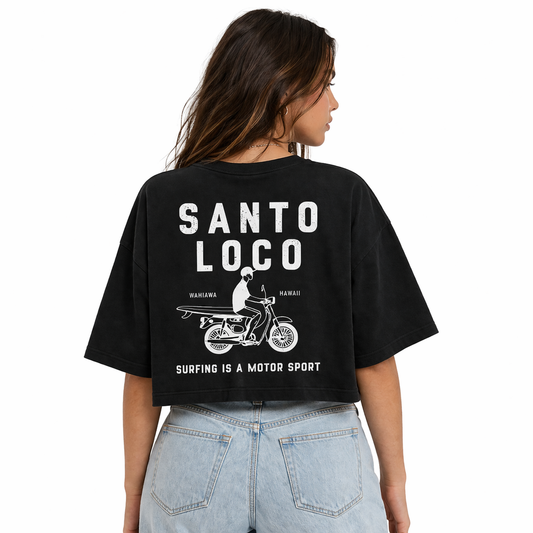 SantoLoco Hawaii Surfing ist ein schwarzes, kurzes T-Shirt für den Motorsport