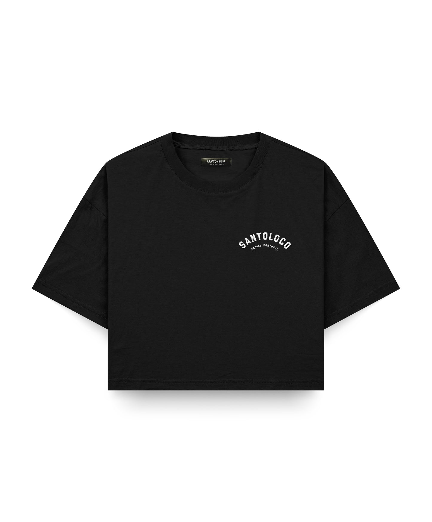SantoLoco Sagres Surfing is a MotorSport Black Cropped T-Shirt