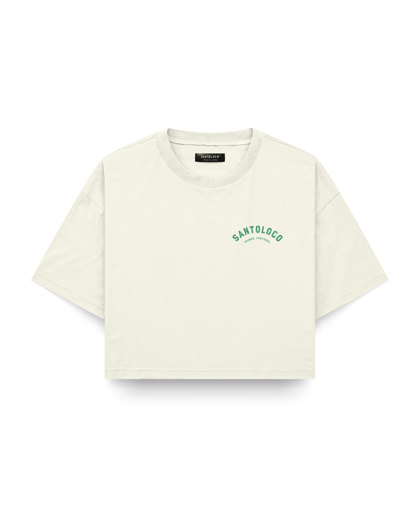 SantoLoco Sagres Surfing is a MotorSport Antique White Cropped T-Shirt