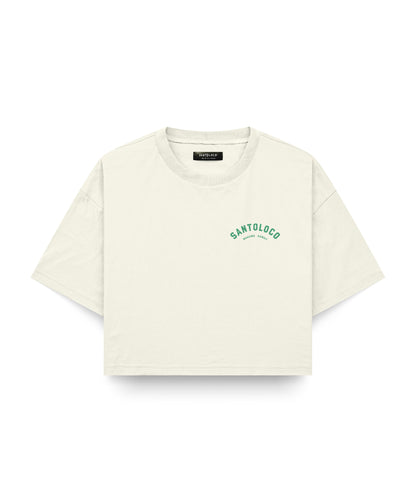 SantoLoco Hawaii Surfing is a MotorSport Antique White Cropped T-Shirt