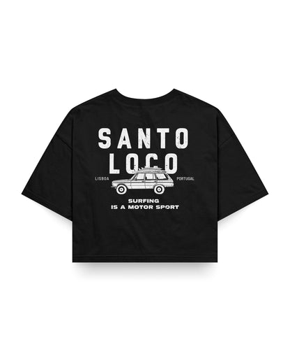 SantoLoco Lisboa Surfing is a MotorSport Black Cropped T-Shirt
