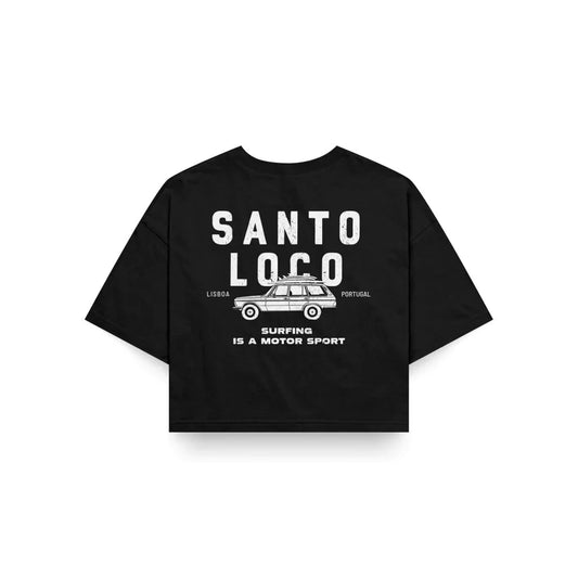 SantoLoco Lisboa Surfing is a MotorSport Black Cropped T-Shirt