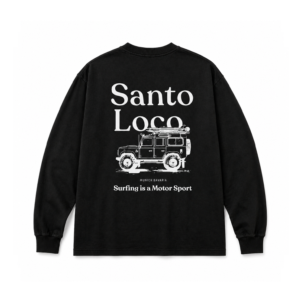 SantoLoco Munich Surfing é uma t-shirt preta de manga comprida para automobilismo.