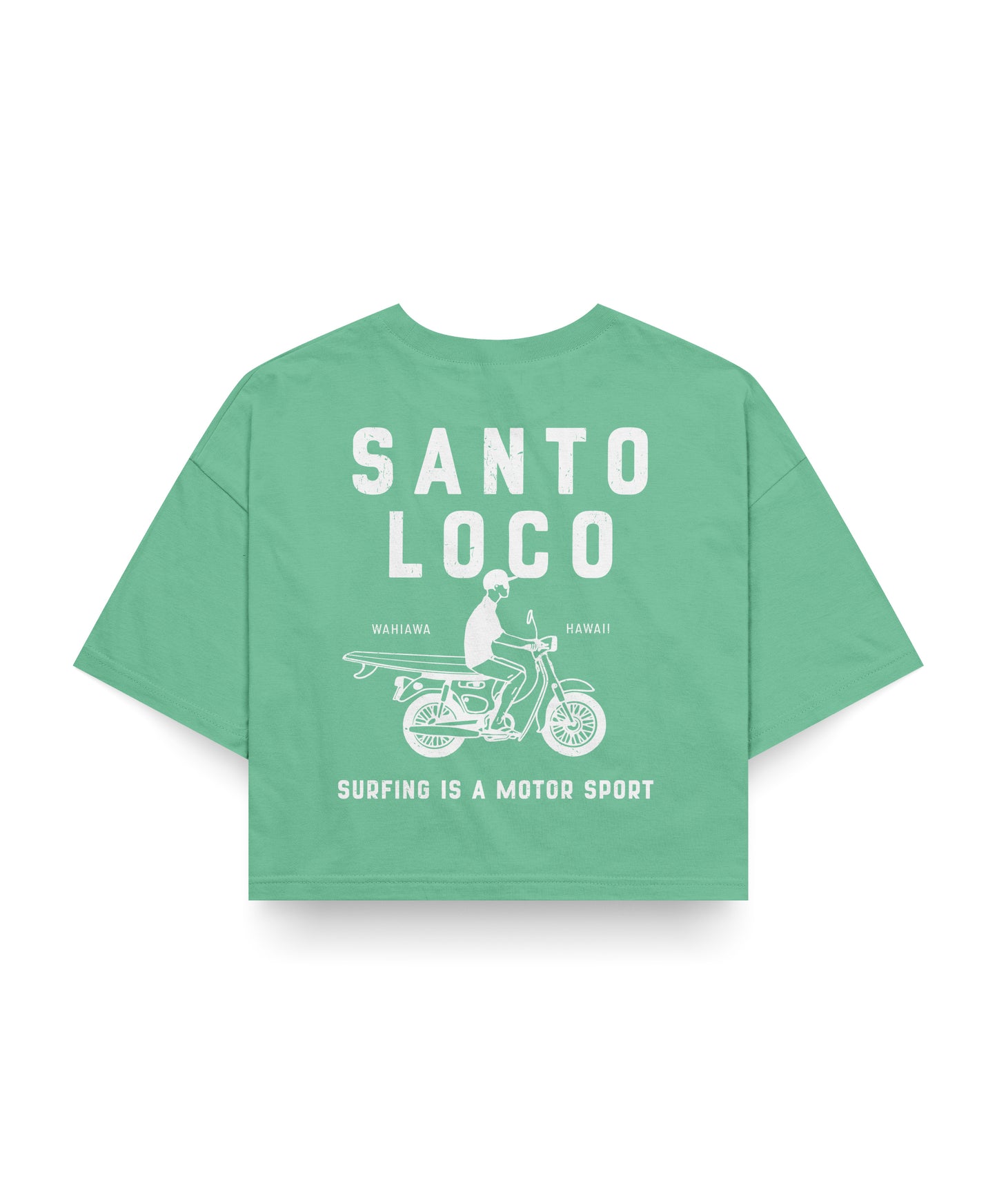 SantoLoco Hawaii Surfing is a MotorSport Green Cropped T-Shirt