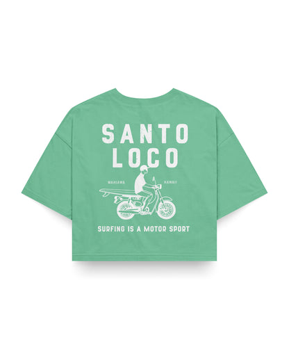 SantoLoco Hawaii Surfing is a MotorSport Green Cropped T-Shirt