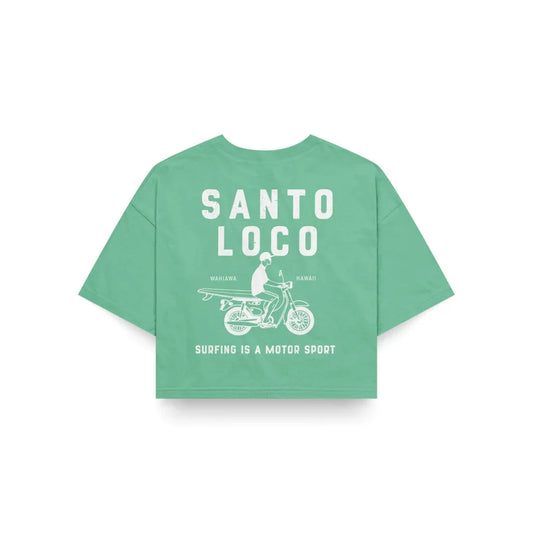 SantoLoco Hawaii Surfing is a MotorSport Green Cropped T-Shirt