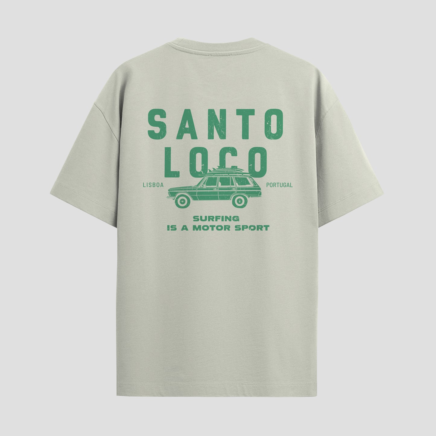 SantoLoco Lisboa Surfing is a MotorSport Antique White T-Shirt
