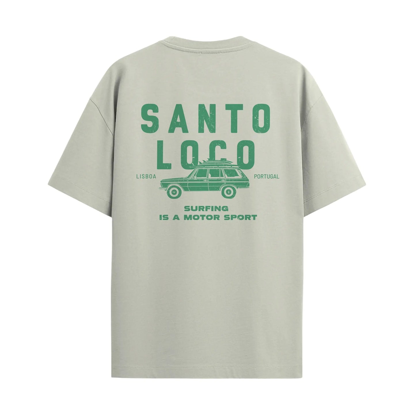 SantoLoco Lisboa Surfing is a MotorSport Antique White T-Shirt