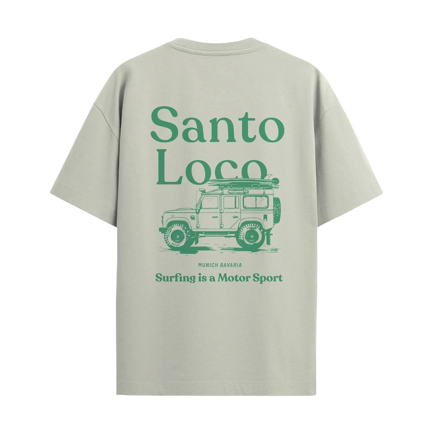 SantoLoco Munich Surfing is a MotorSport Antique White T-Shirt