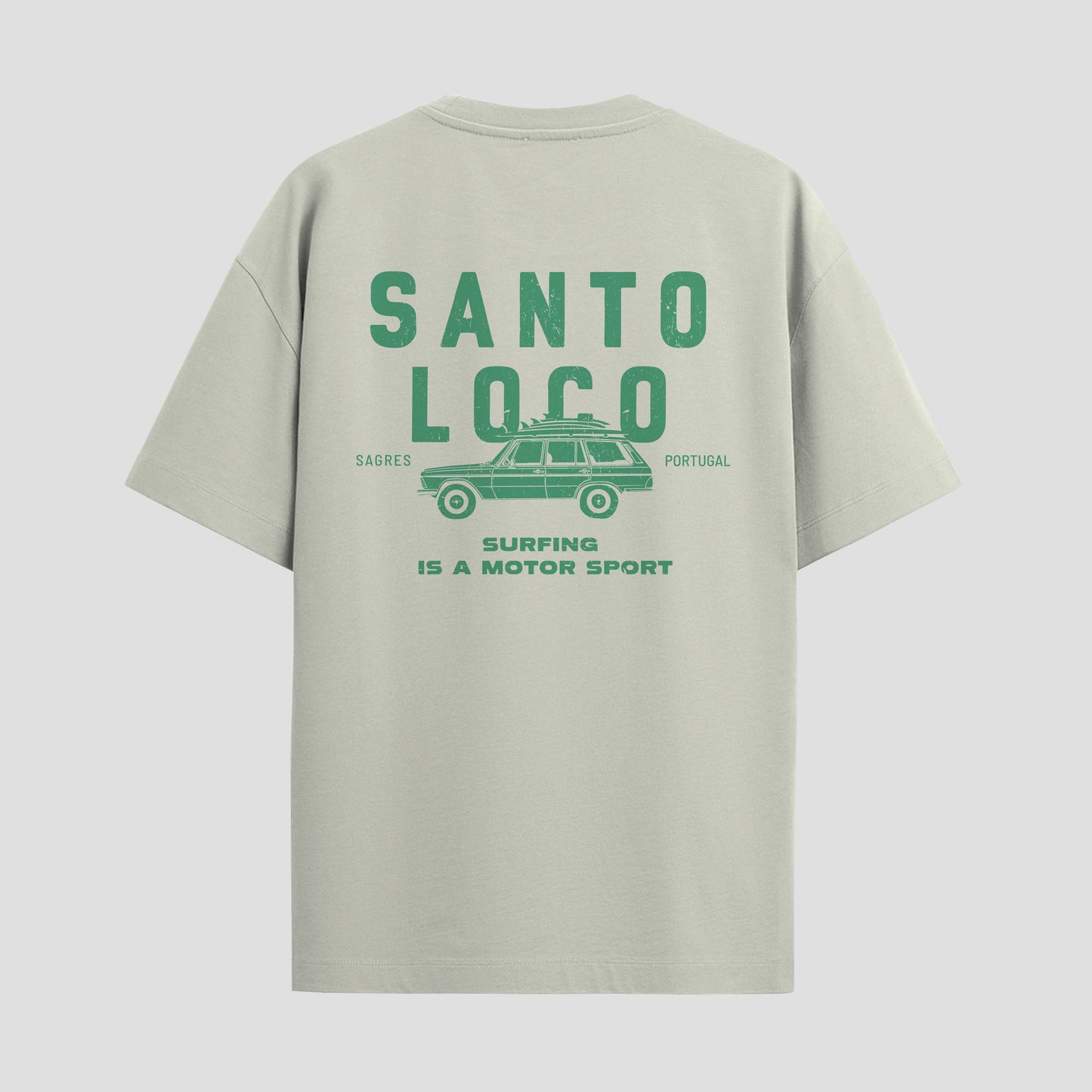 SantoLoco Sagres Surfing is a MotorSport Antique White T-Shirt