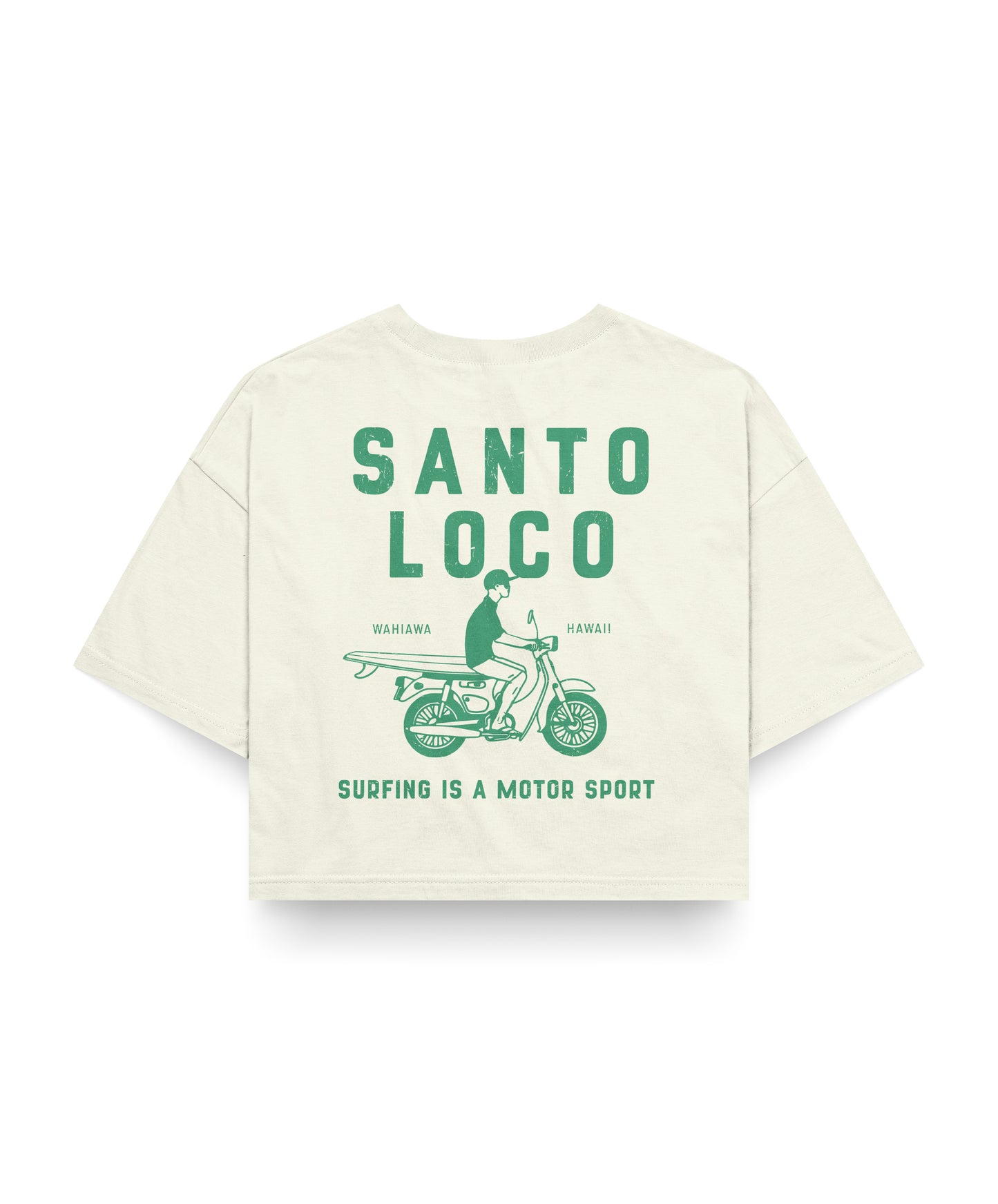 SantoLoco Hawaii Surfing is a MotorSport Antique White Cropped T-Shirt