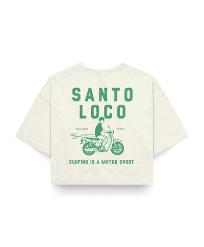 SantoLoco Hawaii Surfing is a MotorSport Antique White Cropped T-Shirt