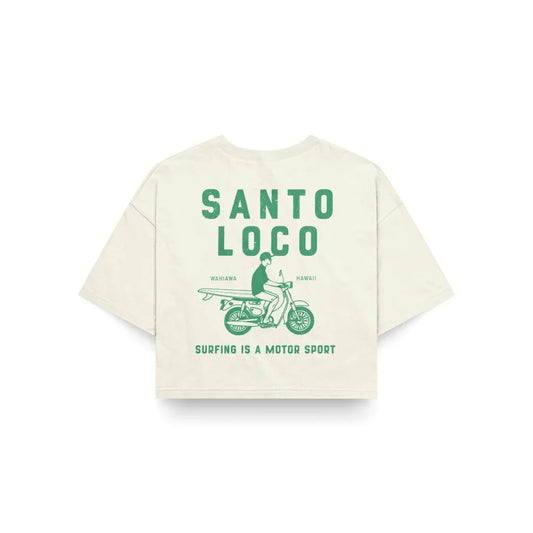 SantoLoco Hawaii Surfing is a MotorSport Antique White Cropped T-Shirt