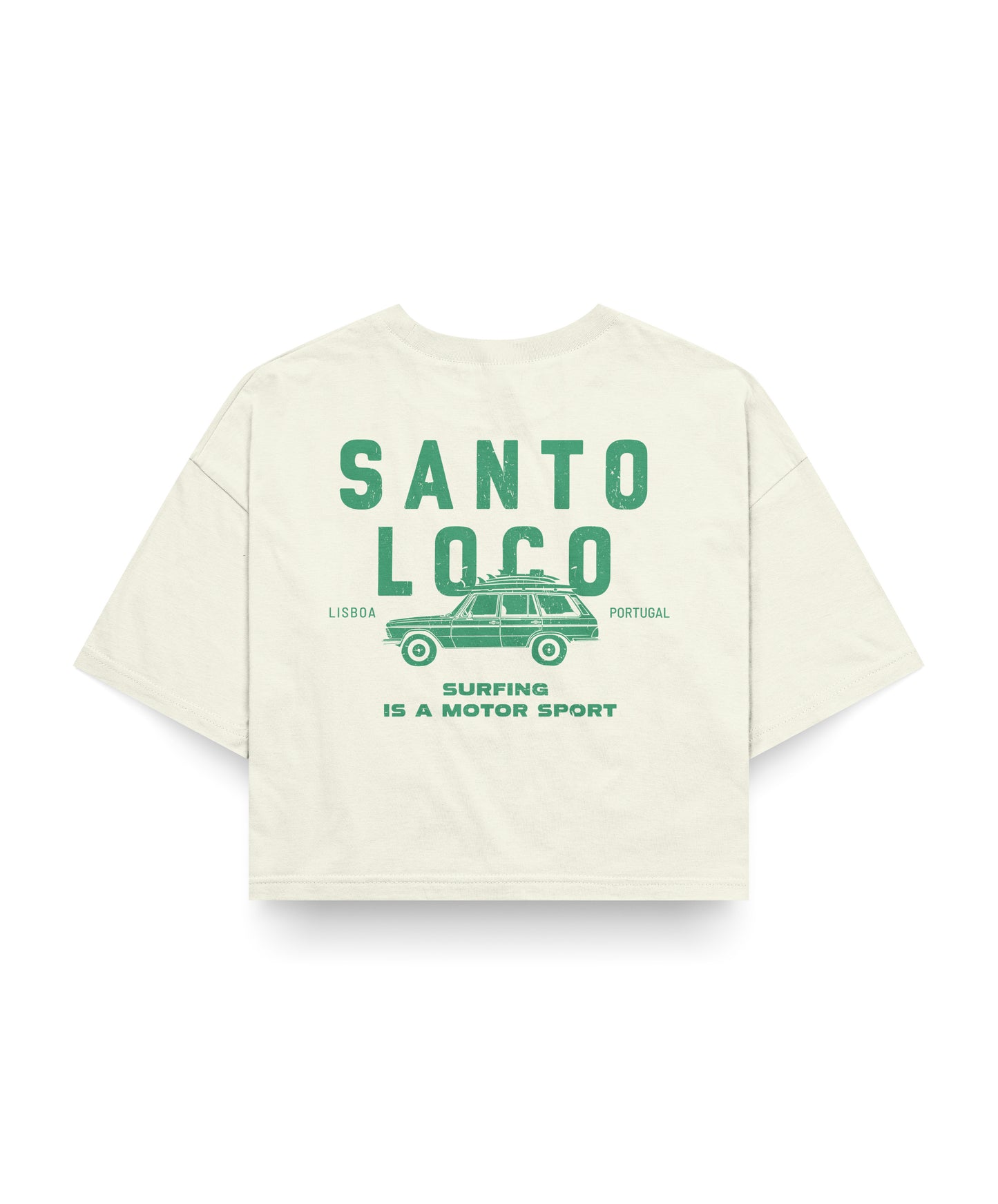 SantoLoco Lisboa Surfing is a MotorSport Antique White Cropped T-Shirt