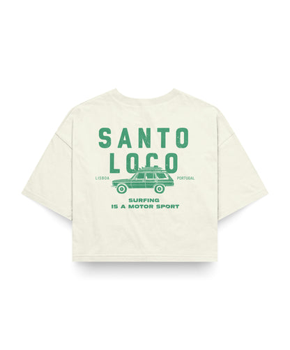 SantoLoco Lisboa Surfing is a MotorSport Antique White Cropped T-Shirt