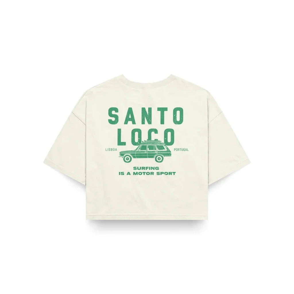 SantoLoco Lisboa Surfing is a MotorSport Antique White Cropped T-Shirt