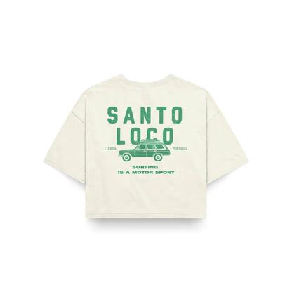 SantoLoco Lisboa Surfing is a MotorSport Antique White Cropped T-Shirt