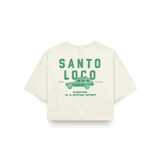 SantoLoco Lisboa Surfing is a MotorSport Antique White Cropped T-Shirt