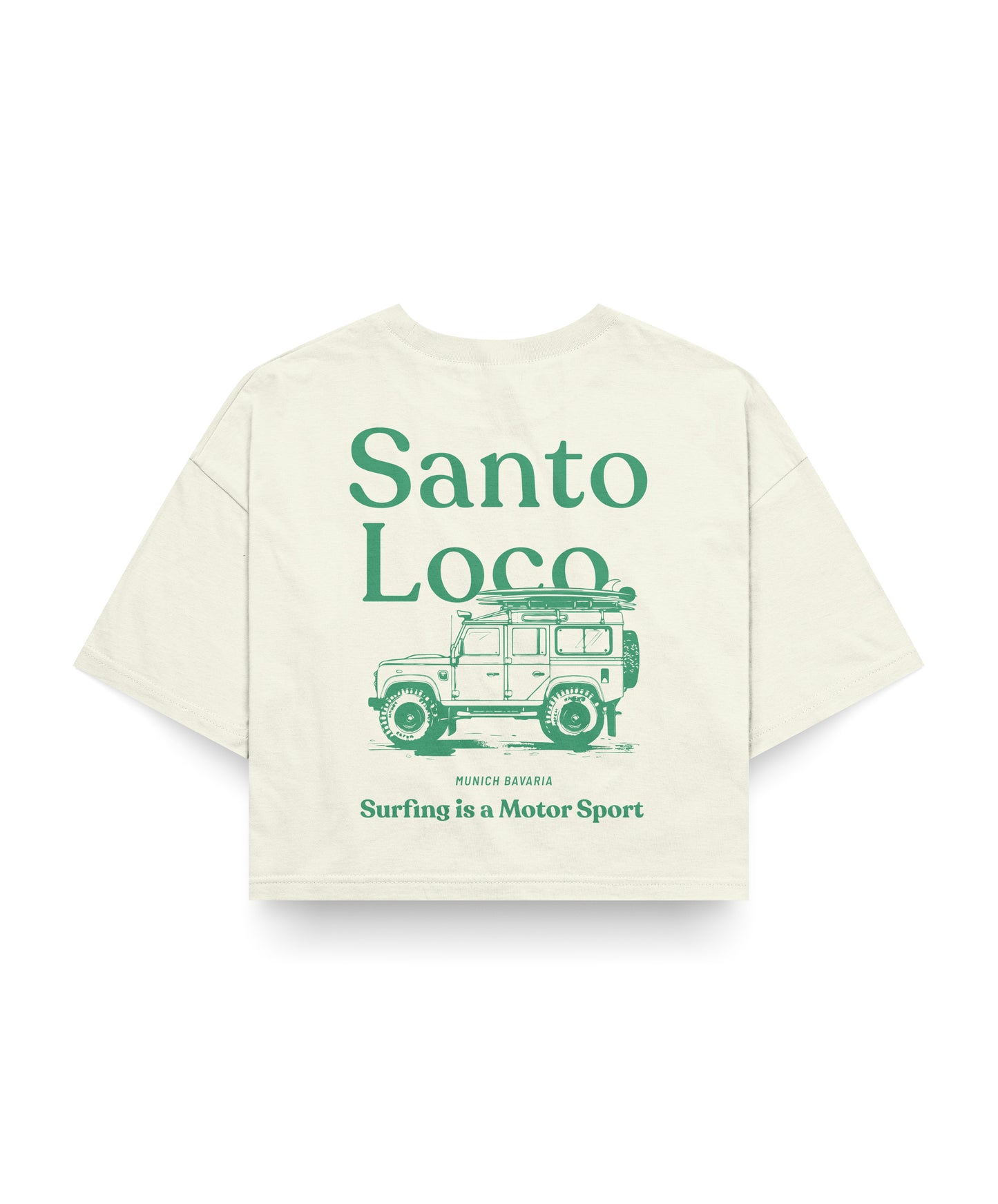 SantoLoco Munich Surfing is a MotorSport Antique White Cropped T-Shirt
