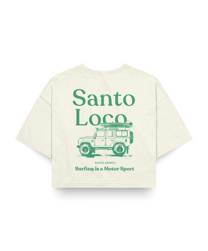 SantoLoco Munich Surfing is a MotorSport Antique White Cropped T-Shirt