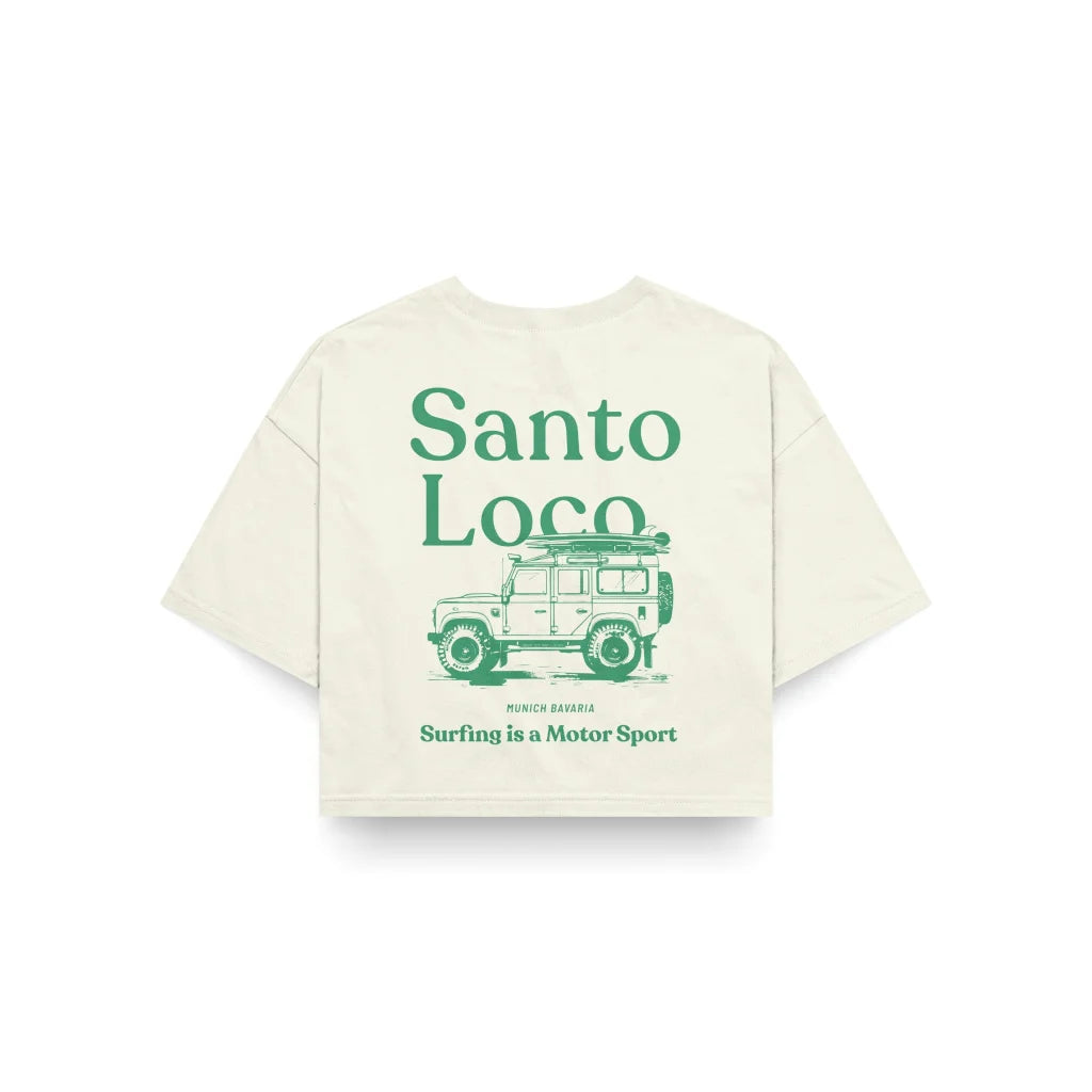SantoLoco Munich Surfing is a MotorSport Antique White Cropped T-Shirt