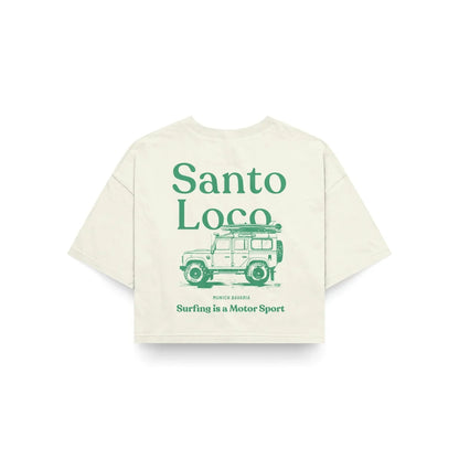 SantoLoco Munich Surfing is a MotorSport Antique White Cropped T-Shirt