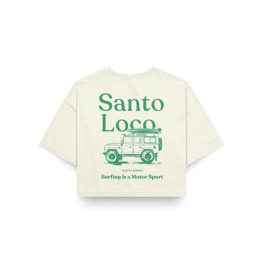 SantoLoco Munich Surfing is a MotorSport Antique White Cropped T-Shirt