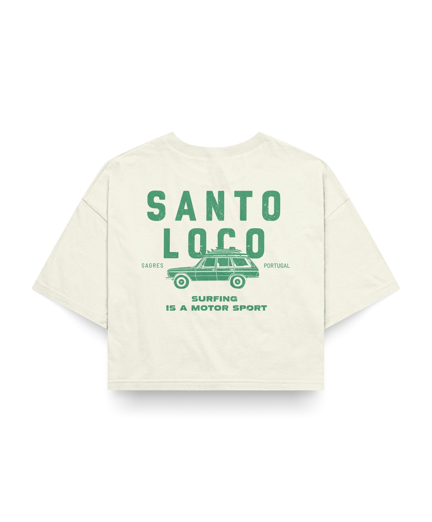 SantoLoco Sagres Surfing is a MotorSport Antique White Cropped T-Shirt