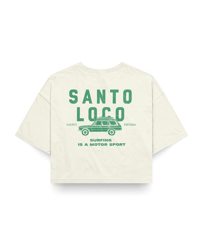 SantoLoco Sagres Surfing is a MotorSport Antique White Cropped T-Shirt