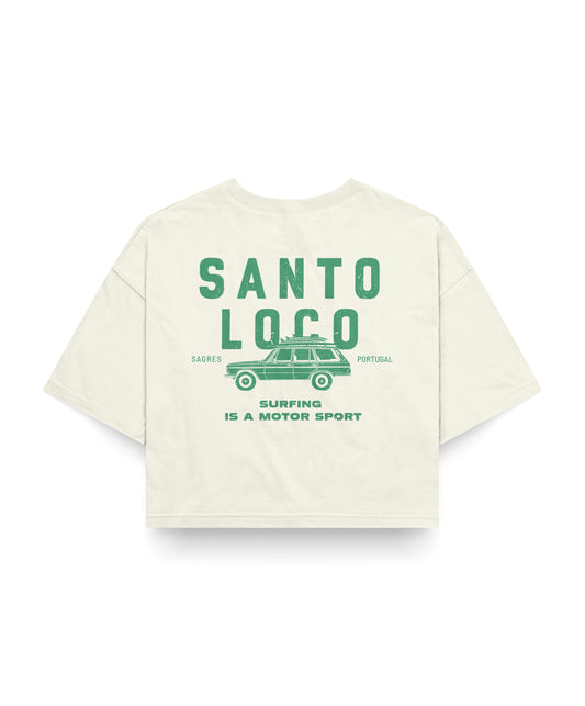 SantoLoco Sagres Surfing is a MotorSport Antique White Cropped T-Shirt