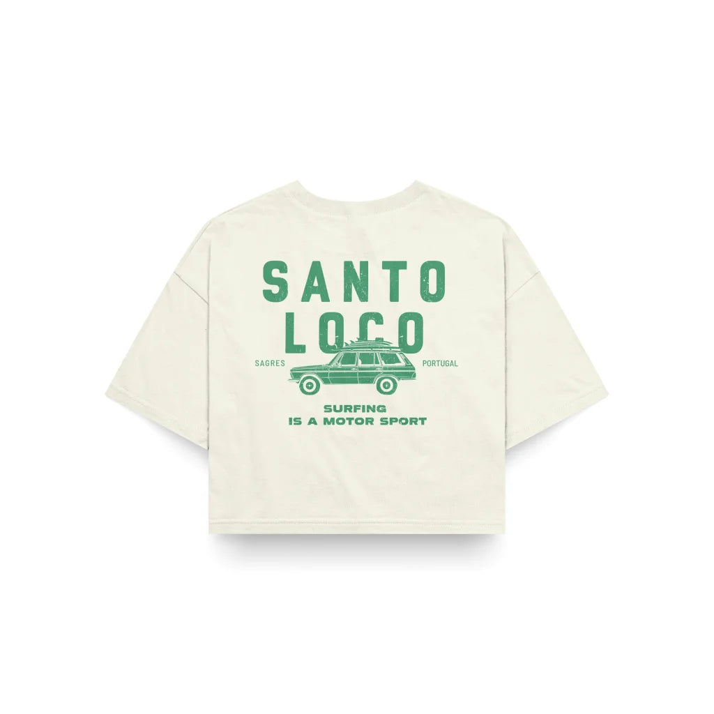 SantoLoco Sagres Surfing is a MotorSport Antique White Cropped T-Shirt
