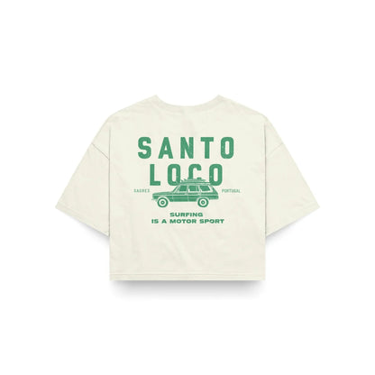 SantoLoco Sagres Surfing is a MotorSport Antique White Cropped T-Shirt