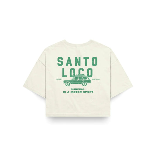 SantoLoco Sagres Surfing is a MotorSport Antique White Cropped T-Shirt