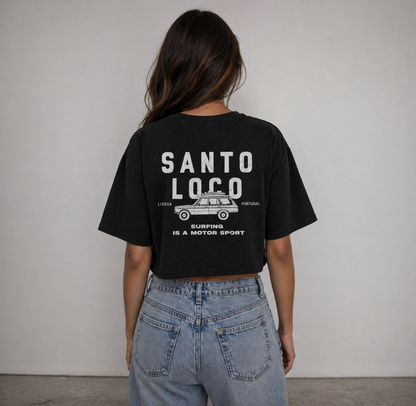 T-shirt preta cropped SantoLoco Lisboa Surfing is a MotorSport