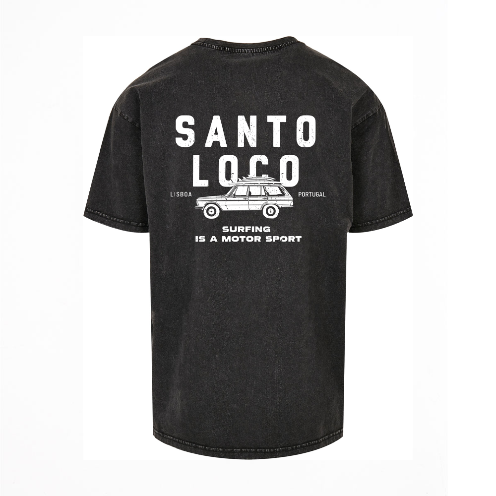SantoLoco Lisboa Surfing is a MotorSport Black Washed T-Shirt
